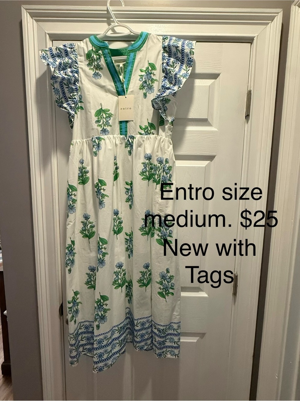 Entry White Midi Dress with Blue & Green Floral Print